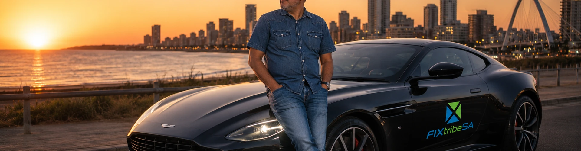 FixTribeSA director lifestyle and Durban coastal skyline banner